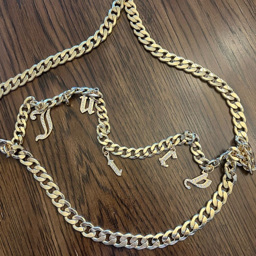 Juicy Couture Gold Tone Chain Link Belt Frontal Juicy Charm Drop‎ Size M/L NWT